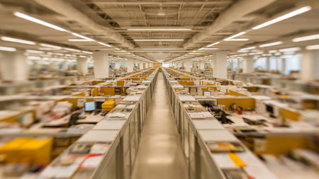 A large office space with rows of desks and computersの写真素材