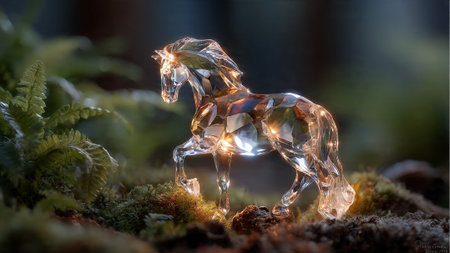A crystal horse figurine glows in a mystical forest setting surrounded by moss and ferns.の写真素材