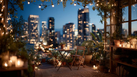 A cozy rooftop patio with a city skyline view at duskの写真素材