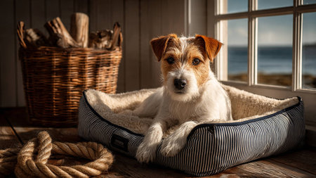 A small dog resting comfortably in a cozy dog bed by the windowの写真素材
