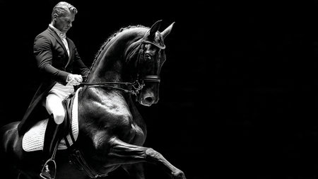 A man in a suit riding a horse in a dramatic poseの写真素材