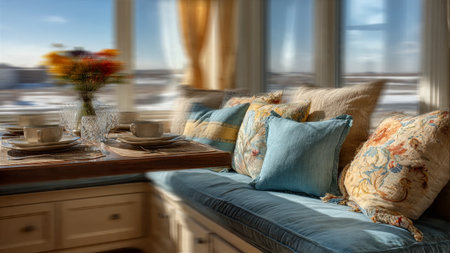 A cozy living room with a blue couch and pillows by the windowの写真素材