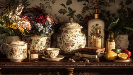 A beautifully arranged still life on a wooden table with floral china and fresh flowersの写真素材