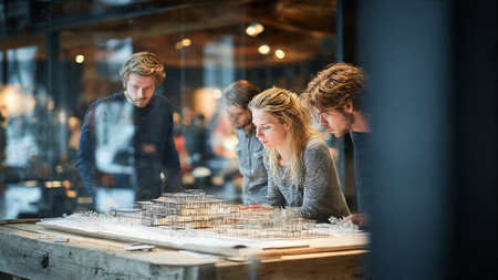 A group of young adults examining a detailed architectural model togetherの写真素材