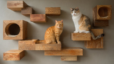 Two cats sitting on a modern wooden cat climbing wall structureの写真素材
