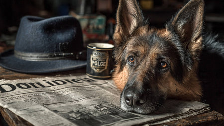 A German Shepherd dog lies on a newspaper with a police hatの写真素材