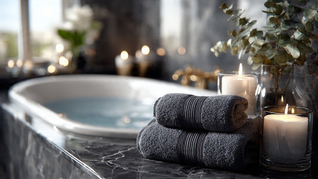 A serene bathroom setup with towels and candles beside a bathtubの写真素材