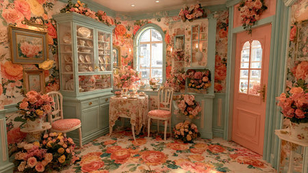 A beautifully decorated room with floral wallpaper and furnitureの写真素材