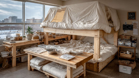 A cozy room with a wooden bunk bed and a desk by the windowの写真素材
