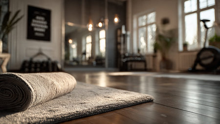 A rolled up yoga mat in a modern fitness studio with wooden floorsの写真素材