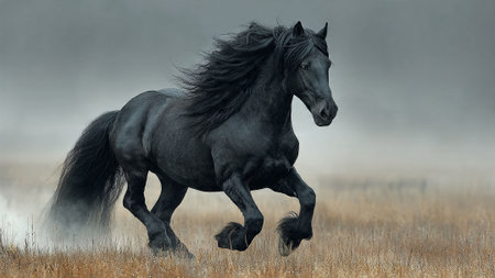 A black horse runs freely in a field of dry grassの写真素材