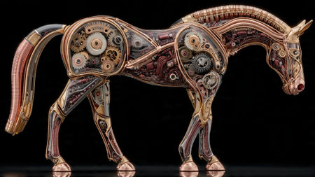A steampunk horse sculpture with intricate mechanical details and golden accentsの写真素材