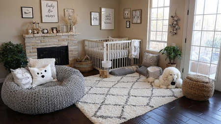 A cozy nursery with a fireplace, crib, and dog sitting on a rugの写真素材