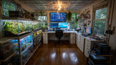 A well-organized home office with multiple computer monitors and aquariumsの写真素材