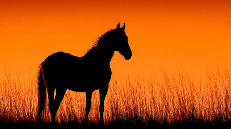 A horse stands in a field during an orange sunsetの写真素材