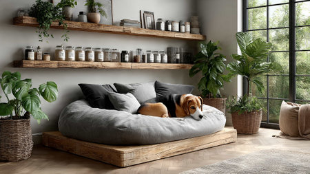 A dog lies comfortably on a large dog bed in a cozy room with plants and shelvesの写真素材