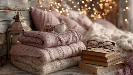 A cozy reading nook with warm lighting and comfortable textilesの写真素材