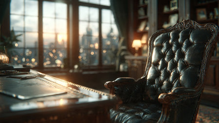 A luxurious leather office chair in a modern business setting with city viewの写真素材