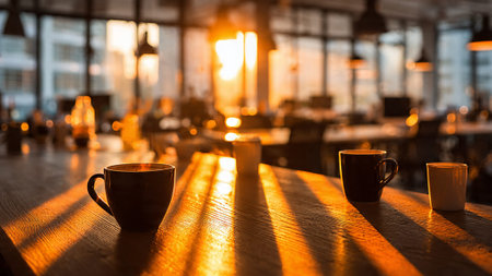 A warm and cozy coffee shop interior with cups on a tableの写真素材