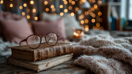A cozy reading nook with glasses on a stack of old booksの写真素材