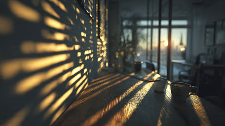 A serene and peaceful interior scene with warm sunlight streaming through blindsの写真素材