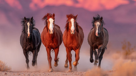 Four horses running freely in a desert landscape at sunsetの写真素材