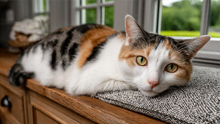 A beautiful calico cat resting on a windowsill cushion at homeの写真素材