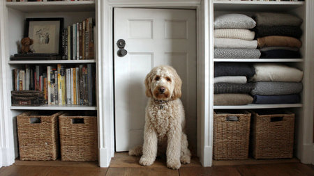 A dog sitting in front of a door surrounded by books and blanketsの写真素材