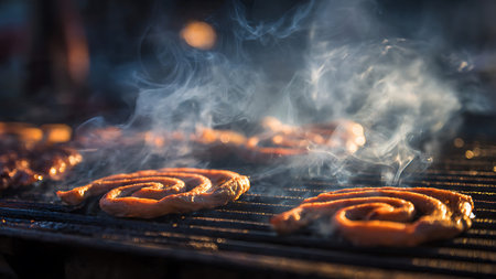 Baked buns on the grill in the smoke. Selective focus.の写真素材