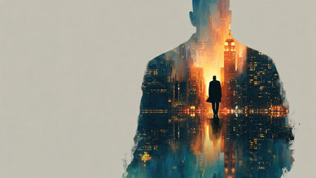 A silhouette of a man with a cityscape at sunset behind himの写真素材