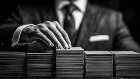 A businessman stacks large piles of money in a dark roomの写真素材