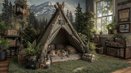 A cozy tent with a dog inside a room with a mountain viewの写真素材