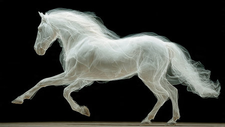 A white horse is running in a beautiful and vibrant motion.の写真素材