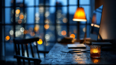 A dimly lit office desk with a candle and computer at duskの写真素材
