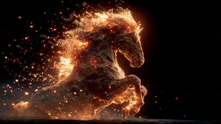 A fiery horse rearing up in a burst of flames and sparksの写真素材