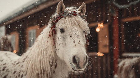 A white horse with a festive headband stands in the snowの写真素材
