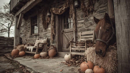 A rustic wooden cabin with pumpkins and a horse on a porchの写真素材