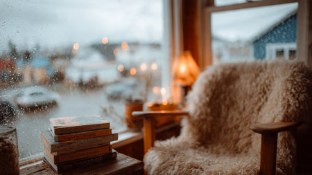 A cozy living room with a stack of books on a wooden table by a window on a rainy dayの写真素材