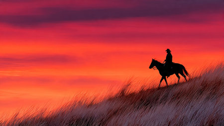 A lone cowboy rides a horse across a serene landscape at sunsetの写真素材