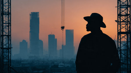 A silhouette of a man in a hat overlooking a city skyline at sunsetの写真素材