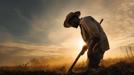 A farmer works in a field during a beautiful sunsetの写真素材