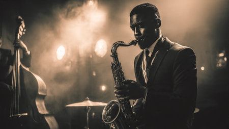 A man playing a saxophone on a dimly lit stage with musical instrumentsの写真素材