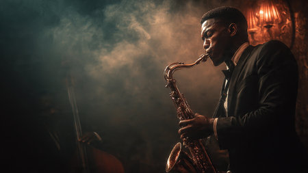 A man playing a saxophone in a smoky room with dramatic lightingの写真素材