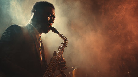 A man playing a saxophone in a smoky atmosphere with stage lightingの写真素材