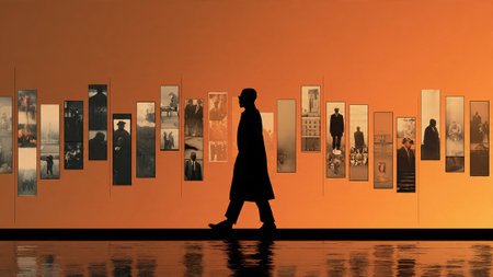 A person walks through an art gallery with photographs on the wallの写真素材