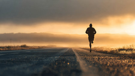 A man runs down a deserted road at sunset with a cloudy skyの写真素材