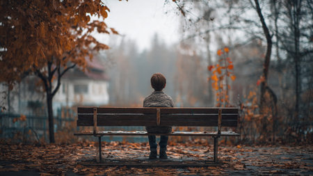 A young child sits alone on a park bench in autumnの写真素材