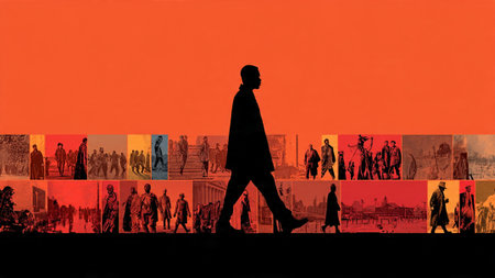 A silhouette of a man walking in front of a collage of people on a city streetの写真素材