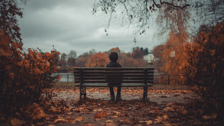 A person sits alone on a bench in a park during autumnの写真素材