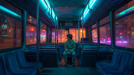 A lone person sits in a dimly lit bus at nightの写真素材